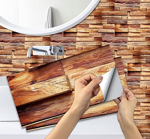 Piastrelle adesive 3D effetto legno, impermeabili, in PVC, decorazione da parete per cucina, bagno, piastrelle finte, paraschizzi, 15 x 30 cm