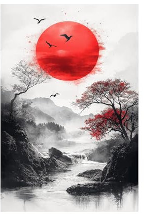 TERUEA Bilder Blumen Vlies Leinwandbild Kunstdruck modern Wandbilder XXL Wanddekoration Design Wand Bild Rote Sonne Uralter Baum Gebirgsbach für Büro und Zuhause(rot)-20x30cm Ungerahmt
