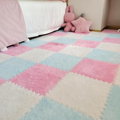 Weiche, Ineinander Greifende Eva-Schaumstoffmatten 12 X 12 Zoll Puzzle-Teppichfliesen 12-teiliger Rutschfester Bodenteppich for Kinderzimmer Wohnzimmer Spielzimmer(White+Blue+Purple)