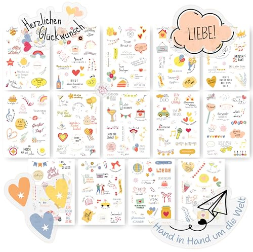 Sticker Hochzeit Gästebuch (14x A5, 281 Sticker) – Hochzeitsaufkleber Set mit deutschen Texten & Herz-Motiven – für Gästebuch, Scrapbook, Karten, Namenskärtchen & Hochzeitsdeko Tisch, JGA Deko Frauen