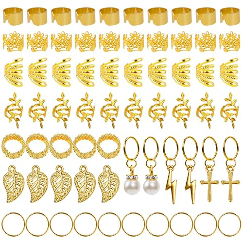 Beayure 66 Pcs Gold Hair Jewelry for Braids Hair Dreadlock Adjustable Cuffs Hair Clips Pearl Pendant Metal Rings Extensions Decorations Locs Charm Spring Twists Accessories for Women and Girls