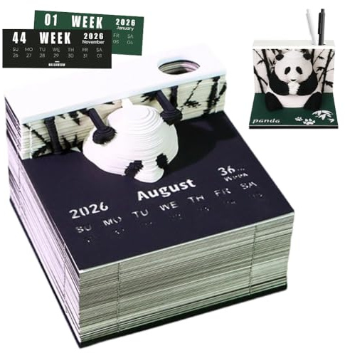 Calendrier 3D Panda 2026, calendrier de table créatif, calendrier hebdomadaire 2026, calendrier hebdomadaire 2026, sculpture en papier avec porte-stylo, ornement de bureau, cadeau créatif 2026
