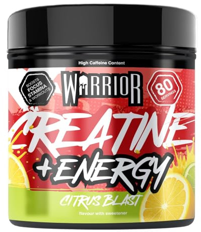 Warrior Creatine Monohydrate Powder + Energy 360g (80 Servings) – Micronised Creatine Powder Supplement + Vitamin B & Caffeine for Energy & Focus, Pre & Post Workout for Men & Women – Citrus Blast