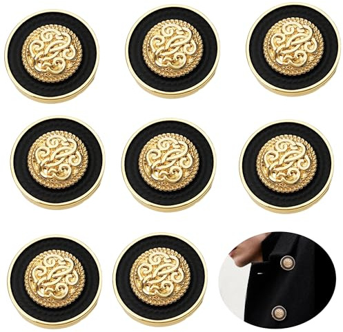 8PCS Black and Gold Buttons for Coats and Sweaters, Decorative Gold Button for Sewing Versatile Buttons for Cardigans, Metal Button Set for Blazers and Shirts DIY Craft Use (8)