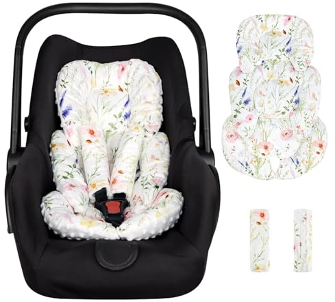 Hooyax Infant Car Seat Insert, Car Seat Head Support Baby Girls Boys, Soft & Reversible Newborn Carseat Insert Cushion with 2 Strap Covers, for Stroller, Swing, Bouncer (White Wildflowers)
