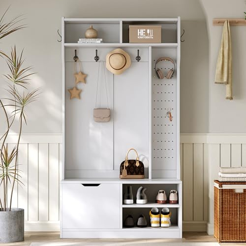 EMKK Garderobe Set, Gaderobenschränke Flur Set, Kompaktgarderobe mit 6 Haken, Vorzimmer Möbel Set, 1 Türen, mit Schuhschrank Sitzbank, 100 × 40 x 185,5 cm (Weiß)