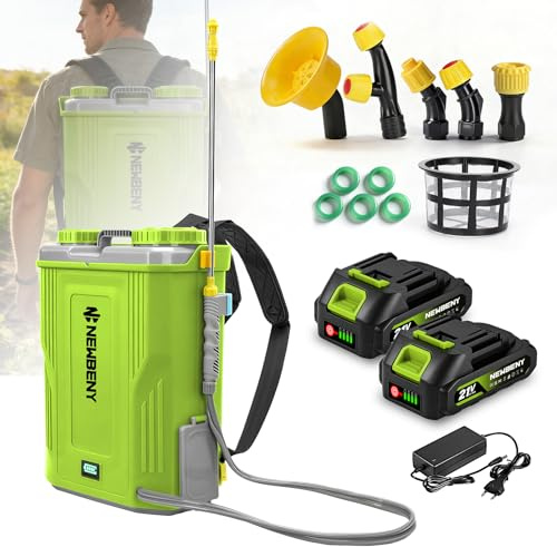 NewBeny 20L Gartenspritze, Akku Drucksprüher mit 2 x 2000 mAh-Akkus, 4.8 Bar (70 PSI) Drucksprüher mit 5 Düsen zum Düngen, Bewässern, Sprühen von Pestiziden und Reinigen von Geräten