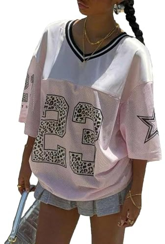 Anuedgis - Magliette da donna Y2k oversize in jersey, con scollo a V carino, grafica con numeri, stile basket, T-shirt estiva varsity, top estetico, A-rosa, S