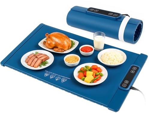 Food Warming Mat with Adjustable Temperature (60–100°C), Portable Buffet Warmer Rollable Keep Food Warm for Dining Table, Party & Family Meals 5 Heat Settings (Blue)