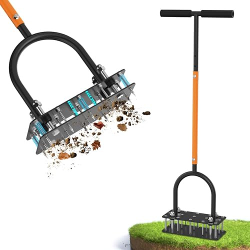 GAINO Manual Lawn Aerator Tool with 15 Spikes, 32-35 Adjustable T-Handle Aerator for Lawn, Automatic Dirt Ejection Design, Heavy Duty Yard Grass Aerator for Soil Compaction, Black & Orange