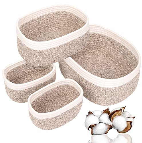 Lot de 4 Panier Rangement Tissé en Corde Coton, Panier Rangement Salle de Bain, Corbeille Rangement Panier Table a Langer Bébé, Décoration Organisateur pour Salon Chambre à Coucher