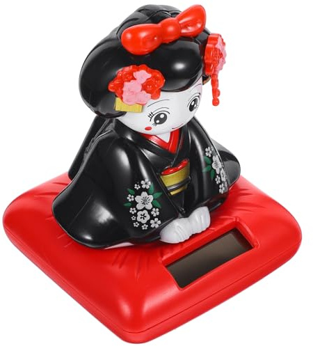 GALPADA Figurine Solaire pour Voiture, Poupée Kimono Assise Noire à Tête Oscillante, Décoration Intérieure pour Espace Bureau