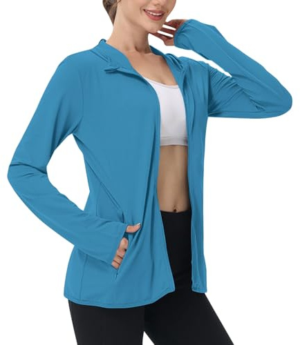 Flodxo Sweat à capuche de protection solaire pour femme - Veste de course à pied légère UPF 50 à manches longues - Haut zippé - Pour le sport, le golf, l'été - Séchage rapide - Protection UV