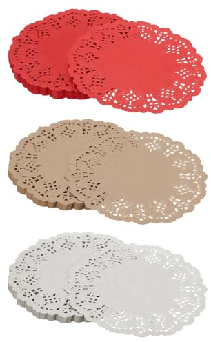 YFTRFR 60 Stück Spitze Papiers-Deckchen, Recyclebar Einweg-Tischsets Rund Modern Dekorativ für Kuchen, Desserts, Handwerk, Gebratenes Essen, Hochzeiten, Formelle Events, Weißes(3 Farbe)