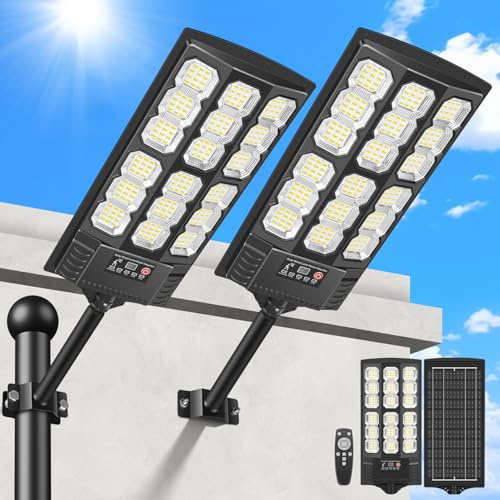 BlueYu Lampione Solare Led Esterno, 800W 6500K IP66 Impermeabile Faretto Stradale con Sensore di Movimento e Telecomando, Lampioni da Giardino Esterno Solari per Strade, Cortili, Garage (2 Unità)