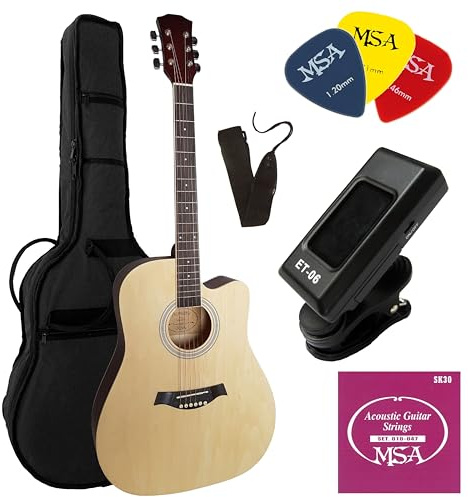 4/4 guitare acoustique adulte nature avec accessoire, set sac, cordes, plectre, accordeur