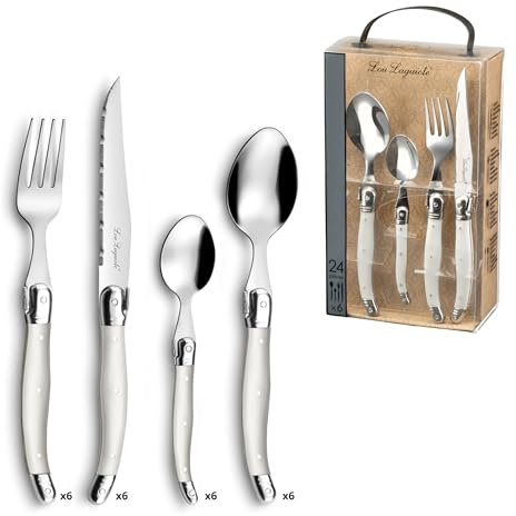 LOU LAGUIOLE TRADITION Steakmesser Besteck Set 24-teilig | Steakbesteck mit Tradition und Stil | Griffe in Perle | Wellenschliff Messer | Grillbesteck Set | Scharfe Messer | Besteck Set 6 Personen