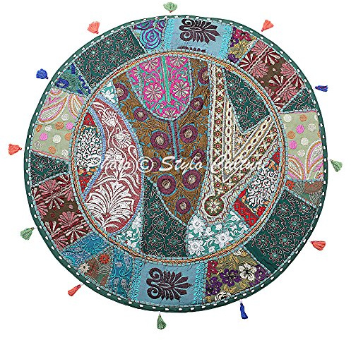 Stylo Culture Indisch Dekorativ Rund Bodenkissenbezug Boho 80x80 cm Groß Bodenkissen Pouf Vintage Dunkelgrün Bohemien Patchwork Wohnzimmer Baumwolle Bestickt Boden Sitzkissen Kinder Rund