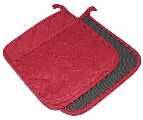 YEKOO 2Pcs Cotton and Neoprene Oven Pads Pot Holders with Pocket 8x8.5 Dual-Function Hot Pad Set for Finger Hand Wrist Protection Heat Resistant to 428°F,Red