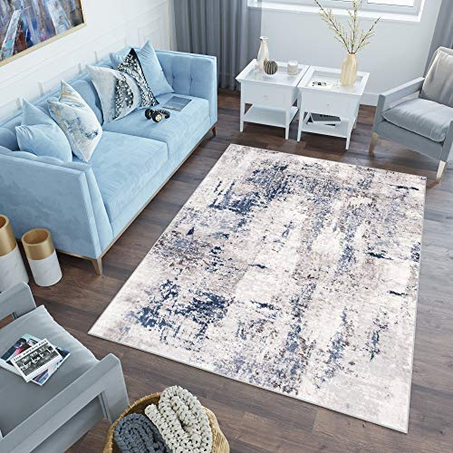 TAPISO Sky Teppich Kurzflor Beige Blau Grau Hellgrau Vintage 200 x 300 cm | Modern Meliert Verwischt Design Wohnzimmer Schlafzimmer 3D Optik OEKO-TEX