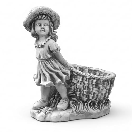 gartendekoparadies.de Gartenfigur Mädchen mit Blumentopf, Pflanzgefäß aus Steinguss, 1 Liter, 10 kg, Grau, frostsicher für Außenbereich