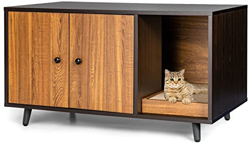 GOPLUS Armario para gatos 2 en 1 para arenero, casa de gatos de madera con puertas, patas de acero, caja rascador extraíble, resistente al agua y a los arañazos, cueva para gatos y mascotas, 90 x 50 x