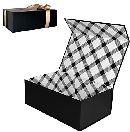 Tekhoho Schwarzer Geschenkkarton 27x17.5x10 cm, Premium Geschenkkarton mit Magnetverschluss und Geschenkband für Feiertage Hochzeit Geburtstag Geschenkverpackung, Kariertes Innenfutter