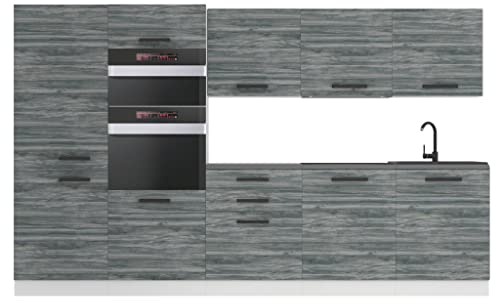 Belini Küchenzeile Küchenblock Grace - Küchenmöbel 300 cm Einbauküche Vollausstattung ohne Elektrogeräten mit Hängeschränke und Unterschränke, ohne Arbeitsplatten, Glamour Wood