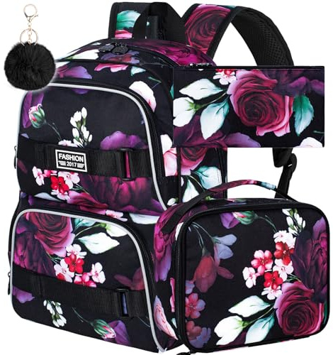 FTJCF 17 Inches Backpack for Girls Women, 3Pcs Rose Laptop Backpacks with Lunch Bag, Water Resistant College School Bookbag Set for Teens Students(Black)
