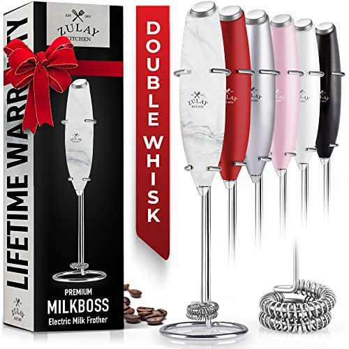 Zulay Kitchen Puissant mousseur à lait à double fouet portable – Machine à mousse avec support – Fouet mélangeur pour café, mini mousseur pour latte, matcha, frappe, chocolat chaud et cappuccino