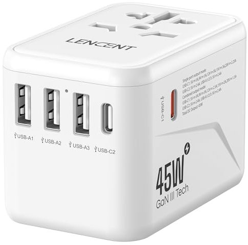 LENCENT Adattatore Universale da Viaggio, GaN III 45W Adattatore Caricatore USB C Rapido, Presa Elettrica Universale Viaggio a Muro con 3 USB & 2 PD, Spina Internazionale per Oltre 224 Paesi, Bianco