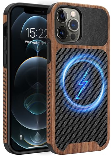 ZZDZZ Coque Magnétique pour iPhone 12 Pro/iPhone 12 [Compatible avec MagSafe] Étui de Cuir en Bois et Carbone Protection Antichoc Housse pour iPhone 12 / iPhone 12 Pro - Noir