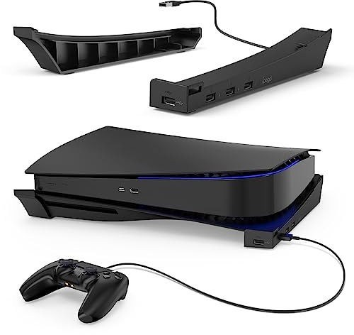 MENEEA Horizontaler Ständer für PS5 Konsole mit 4-Port USB Hub, Upgraded Zubehör Basis Halterung für Playstation 5 Disc & Digitale Editionen, 1 USB 2.0 Datenanschluss & 3 Erweiterung der Ladebuchse