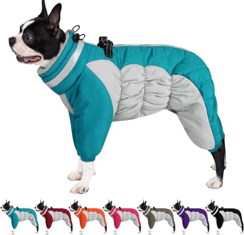 AOFITEE Winteroverall für Hunde - Wasserdichter Hundemantel für Mittelgroße Hunde mit Beinen, Winter Warmer Hundejacke mit Geschirr Gefütterter Hundeoverall, Wintermantel Hund für Boston Terrier, M