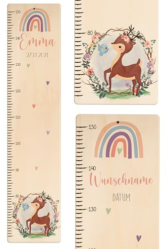 Kidsmood - Personalisierte Messlatte Kinder aus Holz – Hochwertige Messleiste & Wand-Deko für Baby- & Kinderzimmer mit liebevollem Reh – Tolles Taufgeschenk für Mädchen & Jungen - Skala 65-140cm