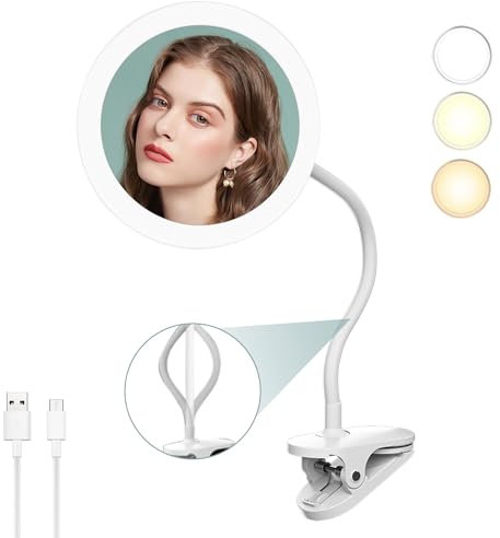 Specchio cosmetico con lente d'ingrandimento a clip da 16,5 cm, specchio cosmetico a collo di cigno con ingrandimento 5X, specchio da trucco da viaggio con clip, USB da 2000 mAh, specchio cosmetico