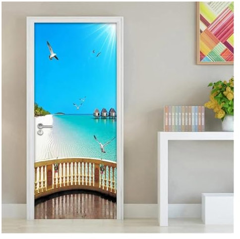 Türaufkleber Türtapete Türbilder Türposter Wandaufkleber, Türaufkleber, 3D-Wandbild, Strand, Balkon, Meerblick, Poster, DIY, Wasserdichte Türaufkleber, Tapete, Heimdekoration (Größe : 95x215cm)