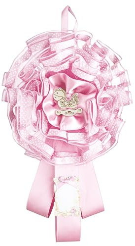 Coccarda Nascita in Tulle decorato con nastrino a pois, nastri in raso, applicazione di un decoro in resina e pergamena in cartoncino per scrivere il nome e la data, cavallo rosa