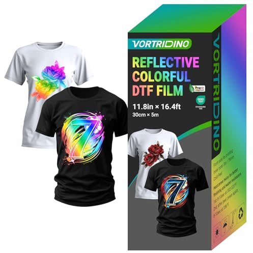 VORTRIDINO Reflektierende DTF-Transferfolie, 30 cm x 5 m, reflektierende DTF-Folie, bunte DTF-Transferfolie, Rolle, kaltabziehend, verschiedene Effekte
