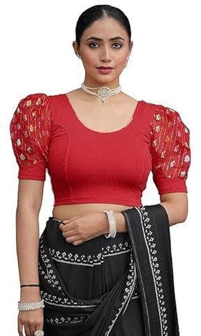 Jaanvi mode dam rund hals lycra töjbar puffad armbågsärm färdig sari blus, Röd, L