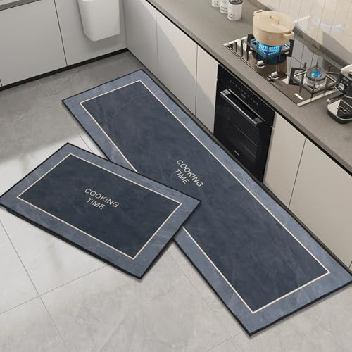 OPLERT Küchenteppich 2-teilig, rutschfeste, waschbare Küchenmatten und Teppich-Läufer-Set, wasserabsorbierende und schmutzabweisende Küchenbodenmatte,Schwarz,43x75+43x120cm