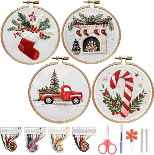 DKIIL NOIYB Sticken für Anfänger, Kreuzstich Weihnachten mit Stickrahmen, DIY Fadenkunst Kreuzstich mit Starter-Werkzeugen, Sticken Set Erwachsene für Handwerk, Sticken-Weihnachtswichtel (4pcs A)