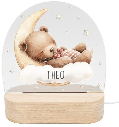 DEL MÀ Unique & Personal Nachtlicht Baby personalisiert Nachttischlampe Kinder Geschenk Geburt Mädchen Jungen Babyzimmer Deko Kinderzimmer Kinderlampe Nachtlampe inkl. Holzfuß (V1)