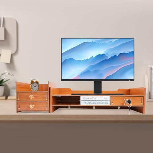 LENJKYYO Monitorständer aus Holz Schreibtischaufsatz Monitorerhöhung mit 2 Schubladen Monitorerhöhung für Computer Laptop Monitor Organizer 65.5cm/25.8in