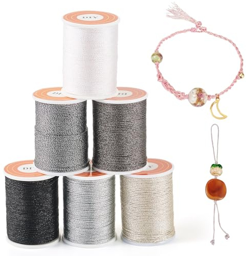 Spritewelry 42 m, 6 färger, polyester, metallisk tråd, 1 mm, glitter, smycken, flätad tråd, pärlsträng för hantverk, broderi, vänskapsarmband, smyckestillverkning