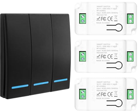 interruptor inteligente, Interruptores de luz de pared, Kit de Interruptor de Luz Inalámbricas, RF 433Mhz 220V interruptors inalambrico receptor, alcance de 100 m, 1 interruptor negro y 3 receptores