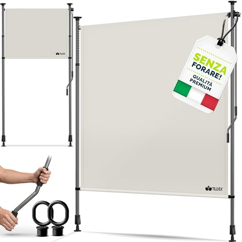 tillvex Toldo vertical con pinza, 200 x 310 cm, color beige con manivela sin agujeros, protección visual extensible y opaca, toldo vertical para balcón, terraza, jardín, estor de protección visual