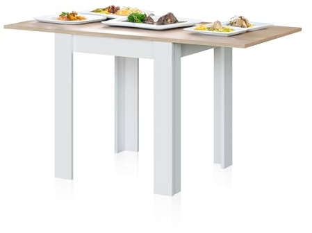duehome | Mesa Auxiliar Extensible, Mesa Cocina, Acabado en Color Blanco Artik y Roble Canadian, Modelo Giro, Medidas: 67-134 cm (Ancho) x 67 cm (Fondo) x 79 cm (Alto)