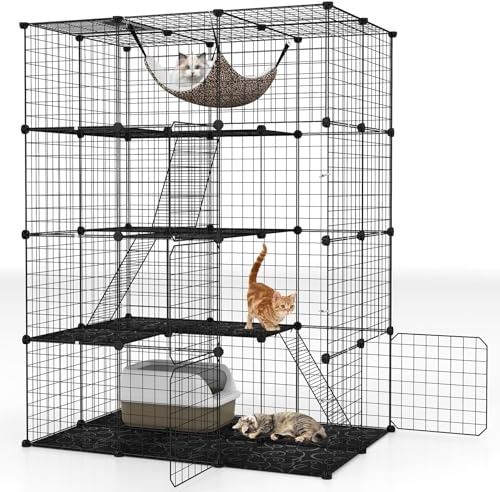 FANTASK Gabbia per gatti a 4 piani, grande recinto per gatti con amaca, 3 scale, 4 ante e lucernario, canile rimovibile, nero (109,5 x 74 x 142 cm)