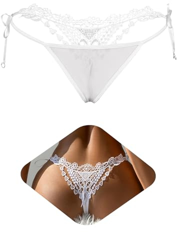ohmydear Damstringtrosor med snörning, spets, G-string stringtrosor för knytning, string, sexig, tunn, miniunderkläder, blombroderi, kalsonger, stora storlekar, trosor, Vit, M